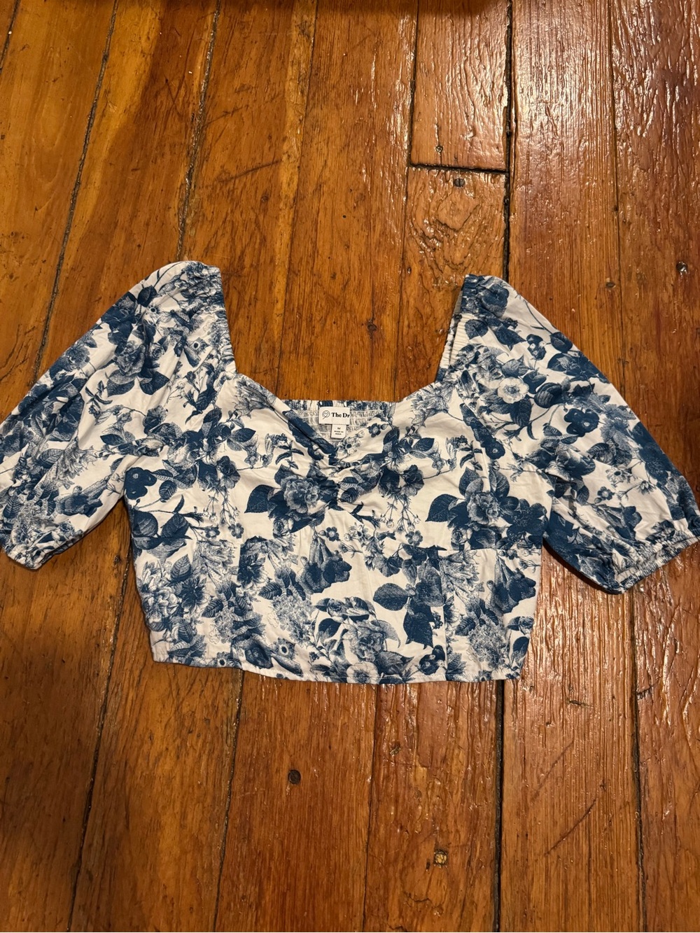 Blue Floral Puff Sleeve Crop Top